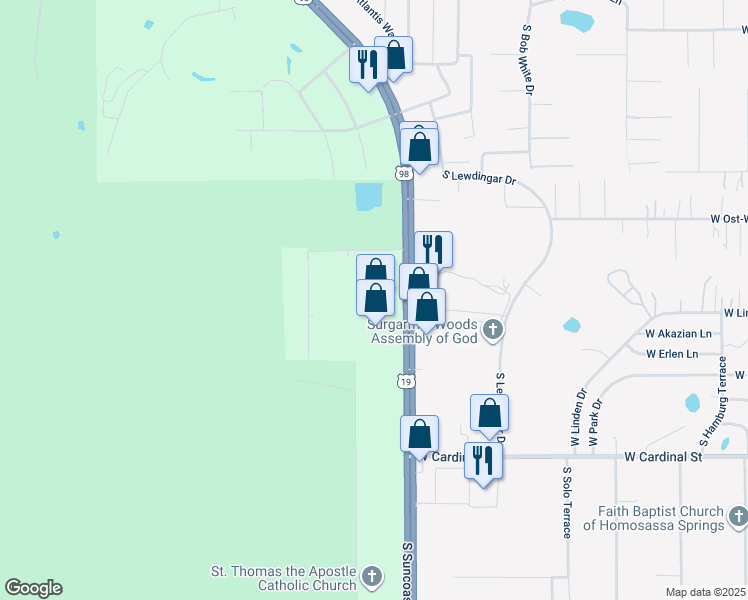 map of restaurants, bars, coffee shops, grocery stores, and more near 6370 South Suncoast Boulevard in Homosassa