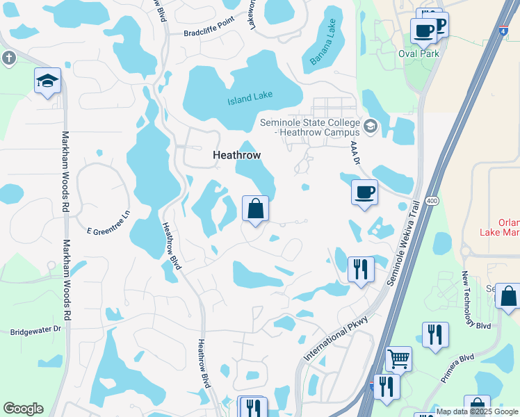 map of restaurants, bars, coffee shops, grocery stores, and more near 475 Denton Court in Lake Mary