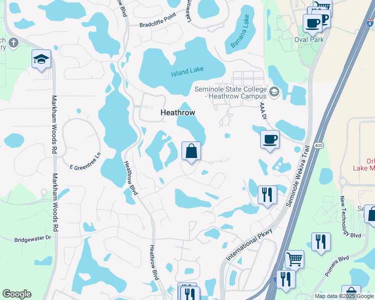 map of restaurants, bars, coffee shops, grocery stores, and more near 475 Denton Court in Lake Mary