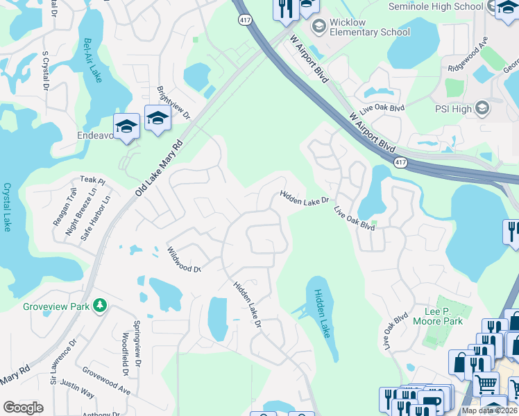 map of restaurants, bars, coffee shops, grocery stores, and more near 324 Hidden Lake Drive in Sanford