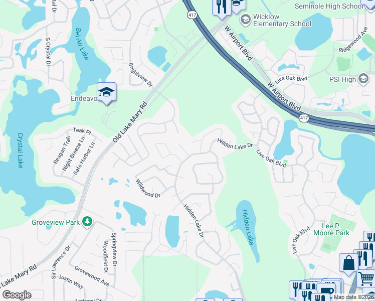 map of restaurants, bars, coffee shops, grocery stores, and more near 102 Laguna Court in Sanford