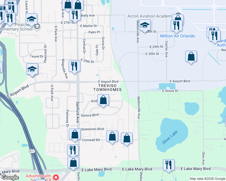 map of restaurants, bars, coffee shops, grocery stores, and more near 413 Carina Circle in Sanford