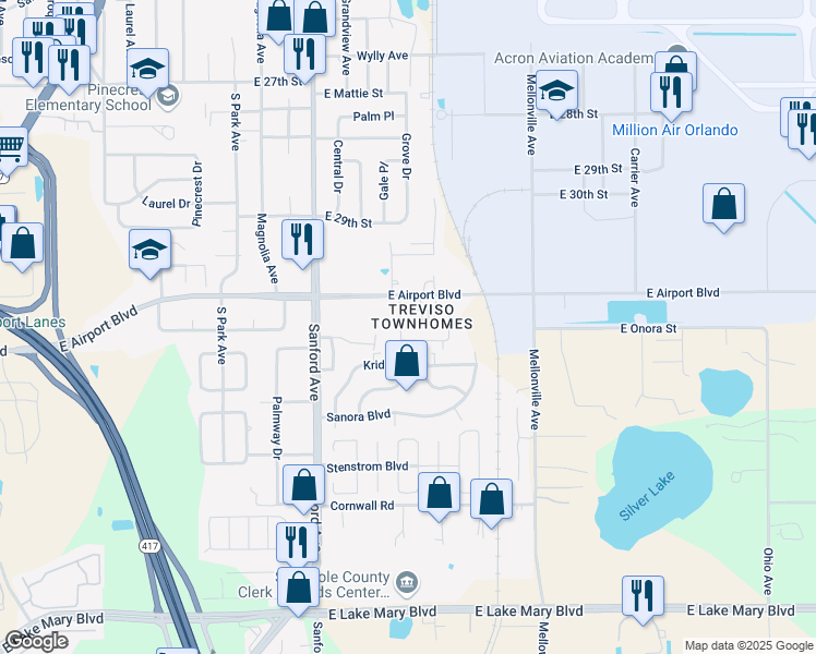 map of restaurants, bars, coffee shops, grocery stores, and more near 253 Carina Circle in Sanford