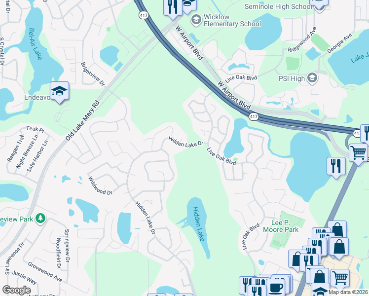 map of restaurants, bars, coffee shops, grocery stores, and more near 351 Hidden Lake Drive in Sanford