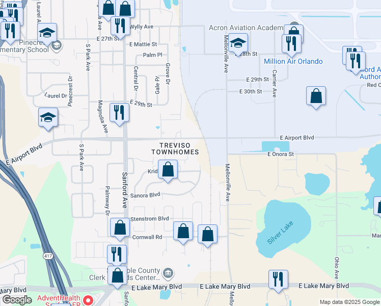 map of restaurants, bars, coffee shops, grocery stores, and more near 434 Carina Circle in Sanford