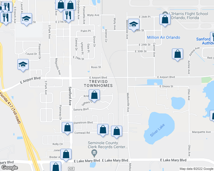 map of restaurants, bars, coffee shops, grocery stores, and more near 438 Carina Circle in Sanford