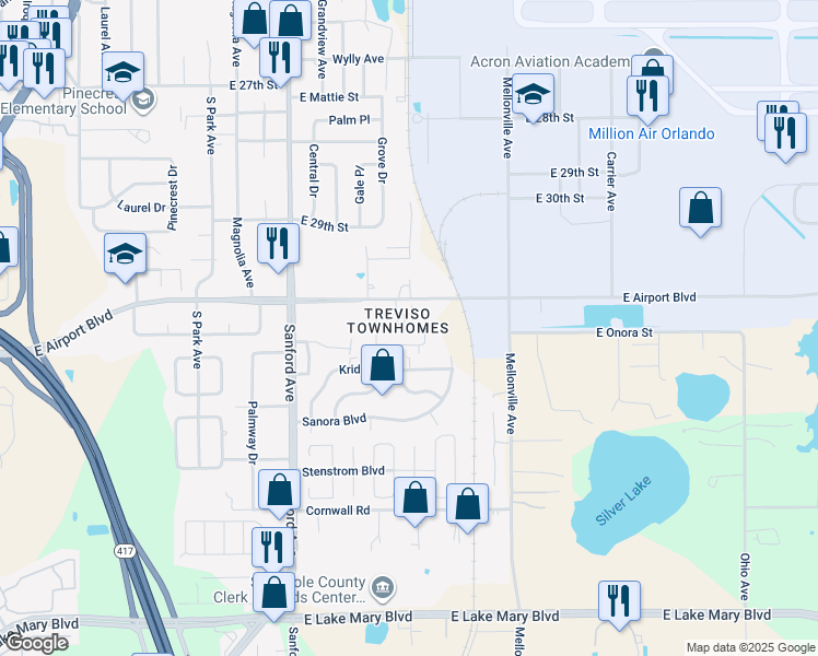 map of restaurants, bars, coffee shops, grocery stores, and more near 413 Carina Circle in Sanford