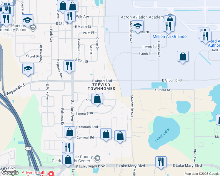 map of restaurants, bars, coffee shops, grocery stores, and more near 450 Carina Circle in Sanford