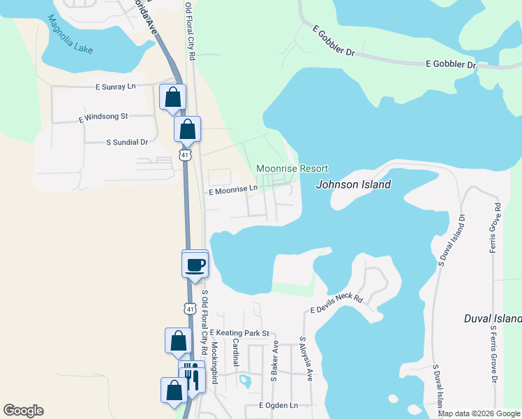 map of restaurants, bars, coffee shops, grocery stores, and more near 8710 East Anglers Court in Floral City