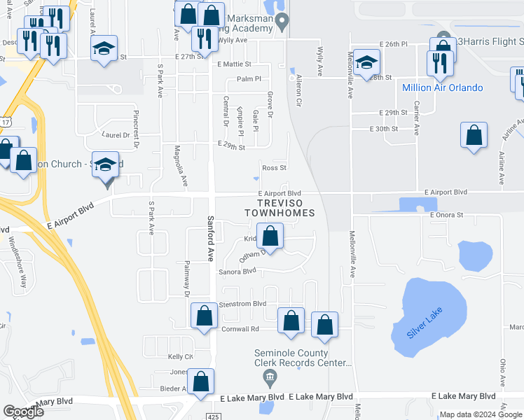 map of restaurants, bars, coffee shops, grocery stores, and more near 228 Carina Circle in Sanford