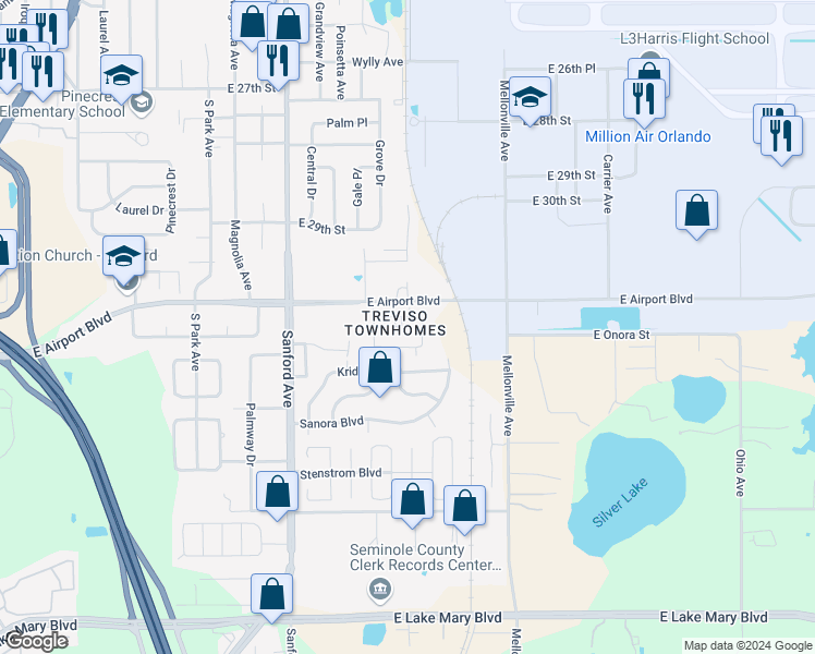 map of restaurants, bars, coffee shops, grocery stores, and more near 410 Belvedere Way in Sanford