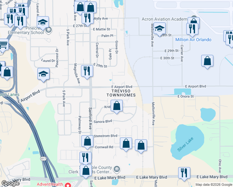 map of restaurants, bars, coffee shops, grocery stores, and more near 217 Carina Circle in Sanford