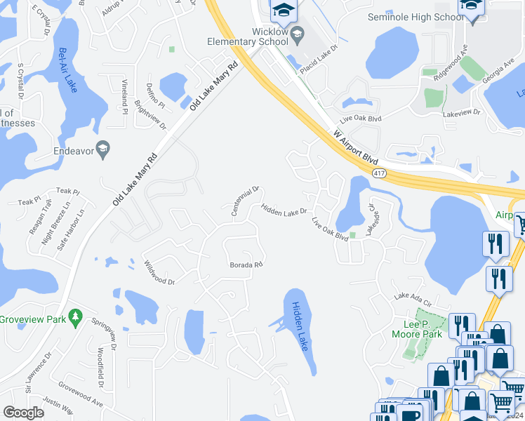 map of restaurants, bars, coffee shops, grocery stores, and more near 341 Hidden Lake Drive in Sanford