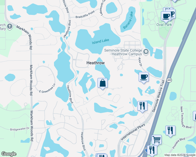 map of restaurants, bars, coffee shops, grocery stores, and more near 514 Devon Place in Lake Mary