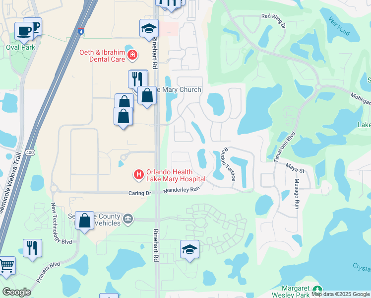 map of restaurants, bars, coffee shops, grocery stores, and more near 479 Randon Terrace in Lake Mary