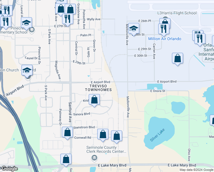 map of restaurants, bars, coffee shops, grocery stores, and more near 478 Carina Circle in Sanford