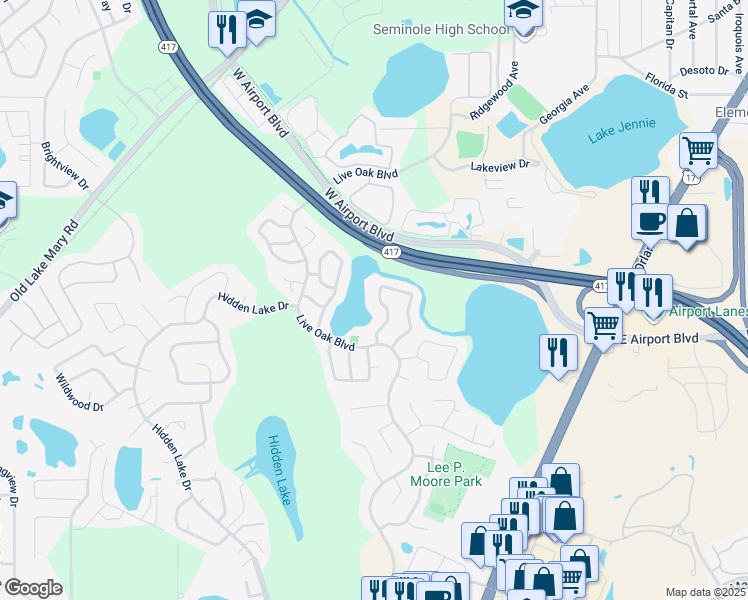 map of restaurants, bars, coffee shops, grocery stores, and more near 106 Lakeside Circle in Sanford