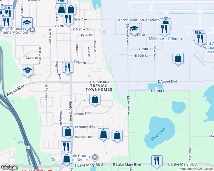 map of restaurants, bars, coffee shops, grocery stores, and more near 486 Carina Circle in Sanford