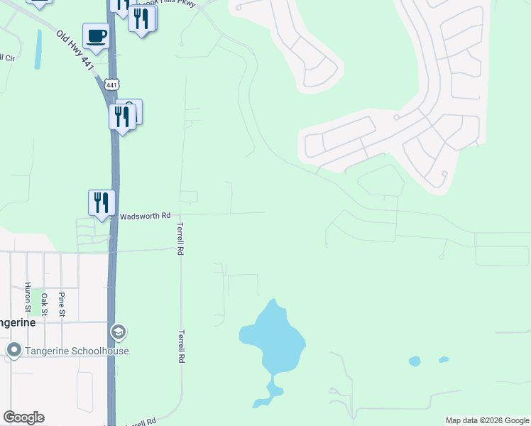 map of restaurants, bars, coffee shops, grocery stores, and more near 6001 Wadsworth Road in Mount Dora