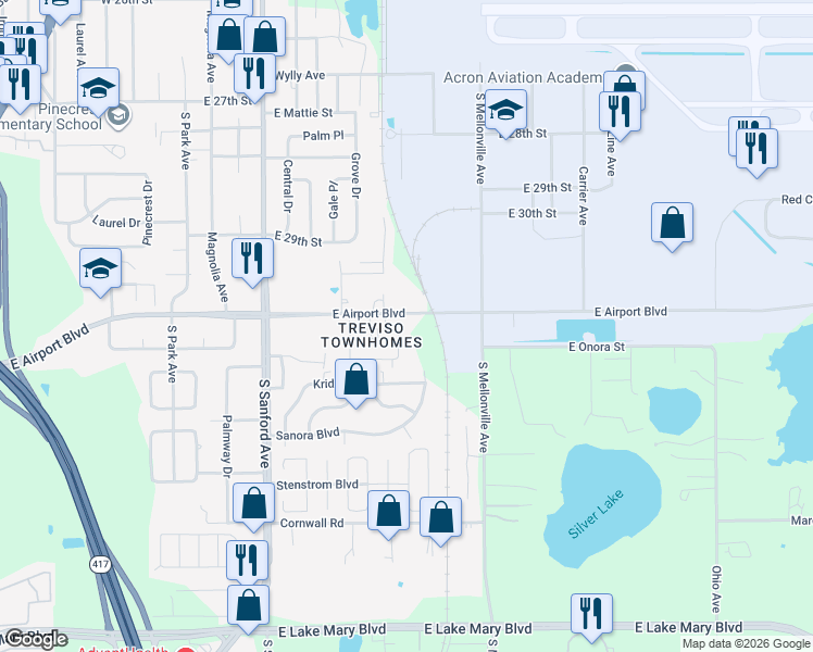 map of restaurants, bars, coffee shops, grocery stores, and more near 2991 Knudsen Drive in Sanford