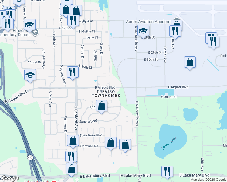map of restaurants, bars, coffee shops, grocery stores, and more near 2991 Knudsen Drive in Sanford