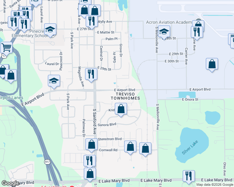 map of restaurants, bars, coffee shops, grocery stores, and more near 1220 East Airport Boulevard in Sanford