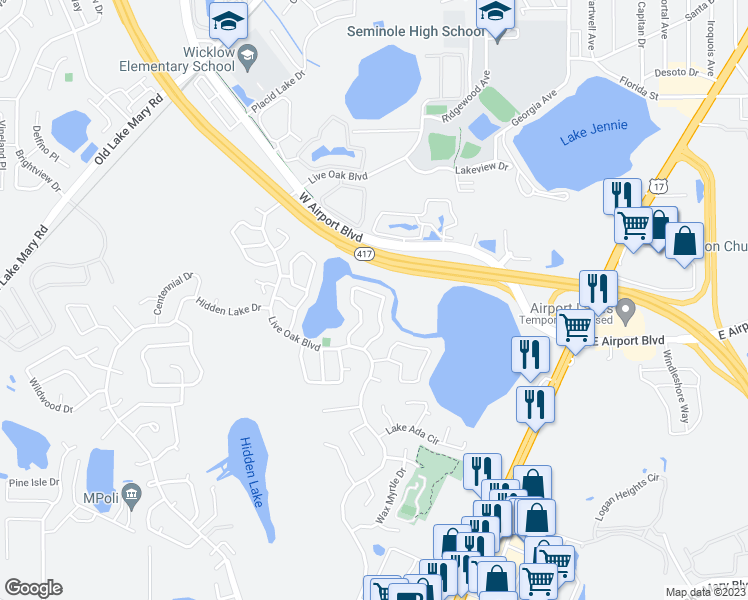 map of restaurants, bars, coffee shops, grocery stores, and more near 148 Lakeside Circle in Sanford