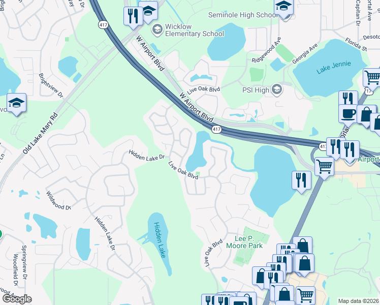 map of restaurants, bars, coffee shops, grocery stores, and more near 147 Clear Lake Circle in Sanford