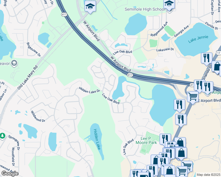 map of restaurants, bars, coffee shops, grocery stores, and more near 147 Clear Lake Circle in Sanford