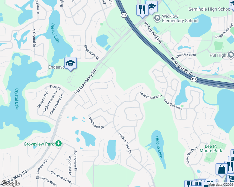 map of restaurants, bars, coffee shops, grocery stores, and more near 2731 Golden Eagle Point in Lake Mary
