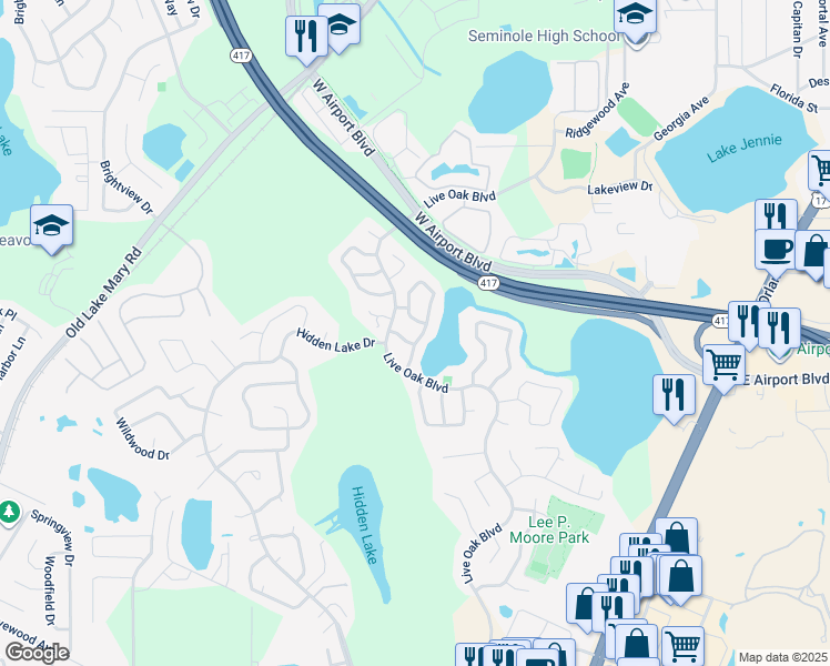 map of restaurants, bars, coffee shops, grocery stores, and more near 147 Clear Lake Circle in Sanford