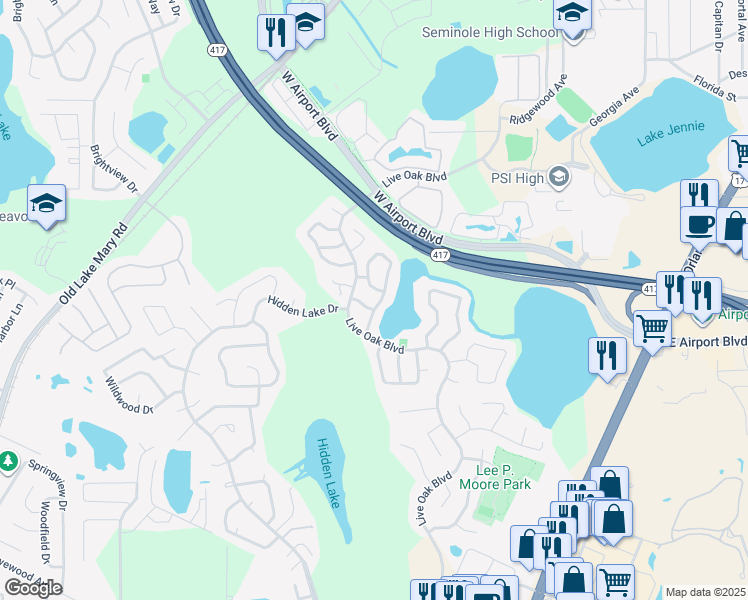 map of restaurants, bars, coffee shops, grocery stores, and more near 147 Clear Lake Circle in Sanford
