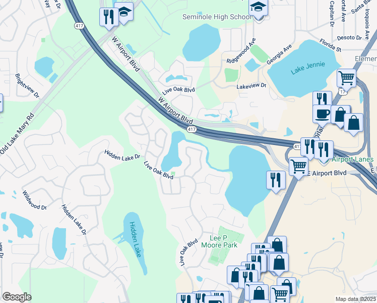 map of restaurants, bars, coffee shops, grocery stores, and more near 148 Lakeside Circle in Sanford