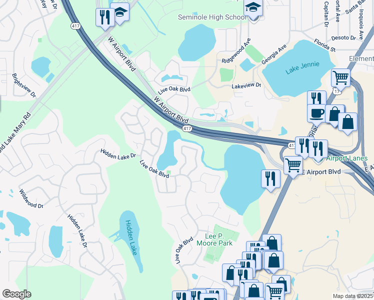 map of restaurants, bars, coffee shops, grocery stores, and more near 148 Lakeside Circle in Sanford