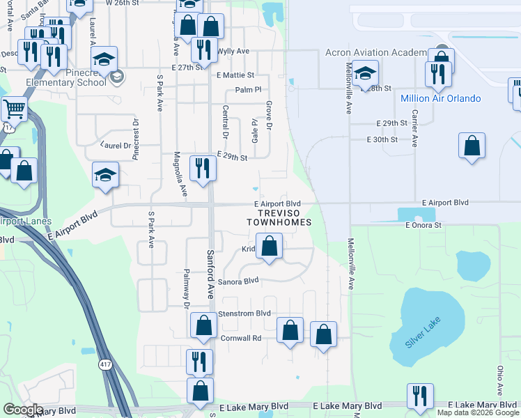 map of restaurants, bars, coffee shops, grocery stores, and more near 127 Bel Fiore Cove in Sanford