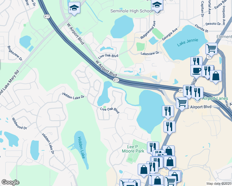 map of restaurants, bars, coffee shops, grocery stores, and more near 145 Lakeside Circle in Sanford