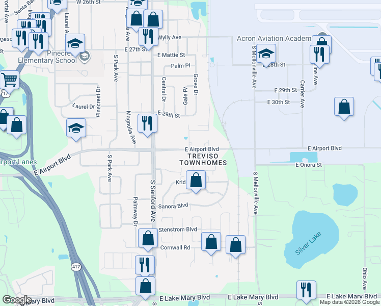 map of restaurants, bars, coffee shops, grocery stores, and more near 1220 East Airport Boulevard in Sanford