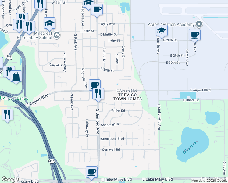 map of restaurants, bars, coffee shops, grocery stores, and more near 1149 East Airport Boulevard in Sanford