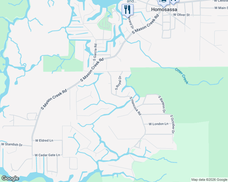 map of restaurants, bars, coffee shops, grocery stores, and more near 6171 South Royal Drive in Homosassa