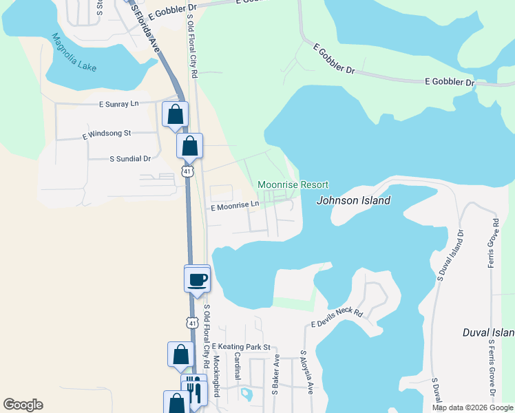 map of restaurants, bars, coffee shops, grocery stores, and more near 8704 East Moonrise Lane in Floral City