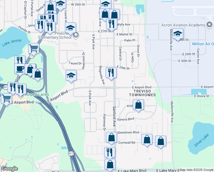 map of restaurants, bars, coffee shops, grocery stores, and more near 900 East Airport Boulevard in Sanford