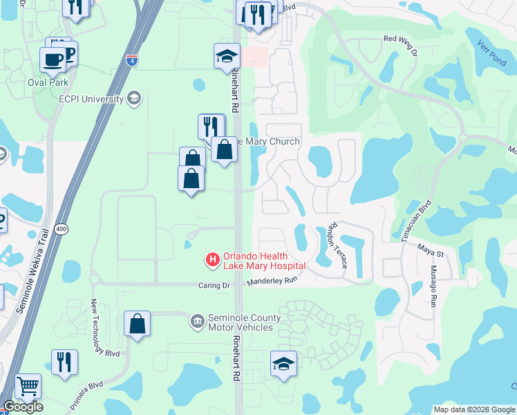 map of restaurants, bars, coffee shops, grocery stores, and more near 424 Pickfair Terrace in Lake Mary