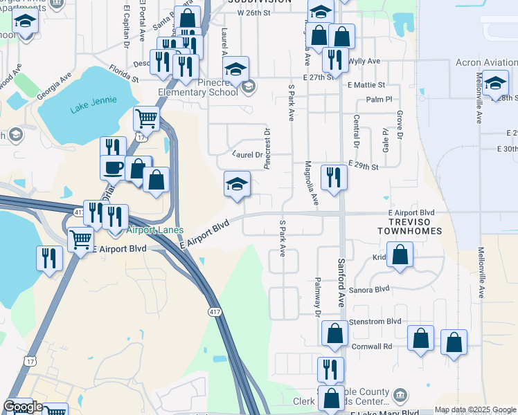 map of restaurants, bars, coffee shops, grocery stores, and more near 700 East Airport Boulevard in Sanford
