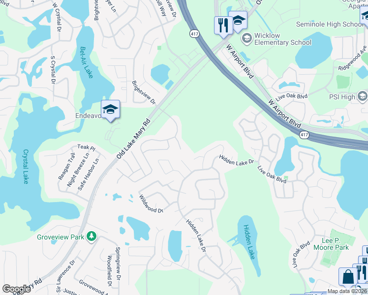 map of restaurants, bars, coffee shops, grocery stores, and more near 2731 Golden Eagle Point in Lake Mary