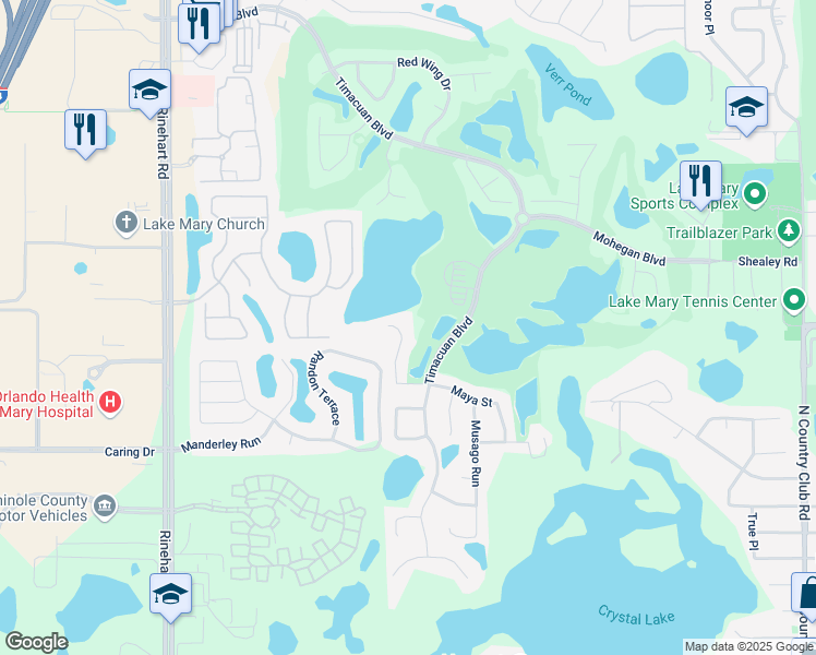 map of restaurants, bars, coffee shops, grocery stores, and more near 493 Flora Creek Court in Lake Mary