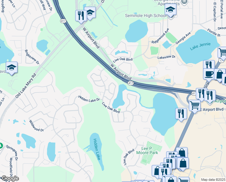 map of restaurants, bars, coffee shops, grocery stores, and more near 147 Clear Lake Circle in Sanford