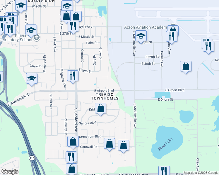 map of restaurants, bars, coffee shops, grocery stores, and more near 2991 Knudsen Drive in Sanford