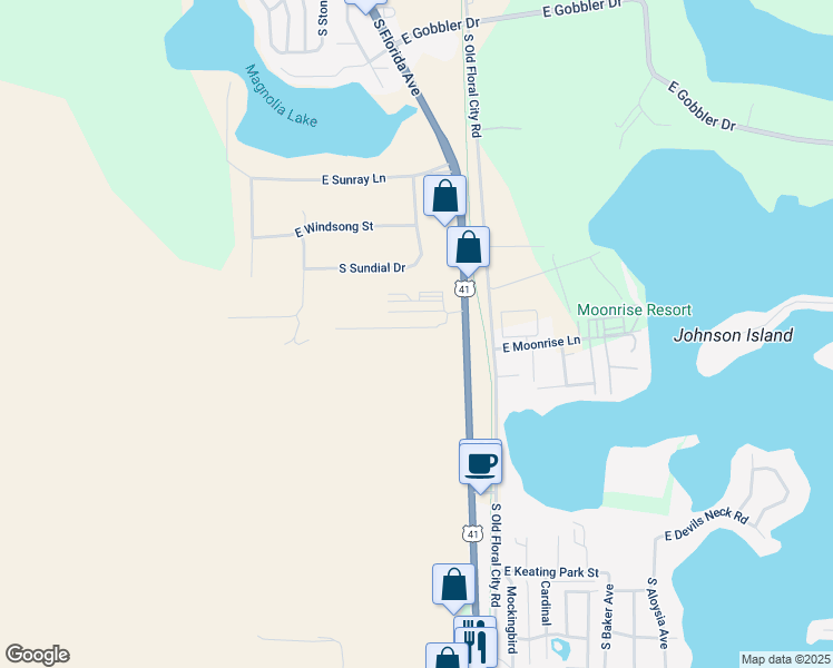 map of restaurants, bars, coffee shops, grocery stores, and more near 8344 East Rosko Court in Floral City