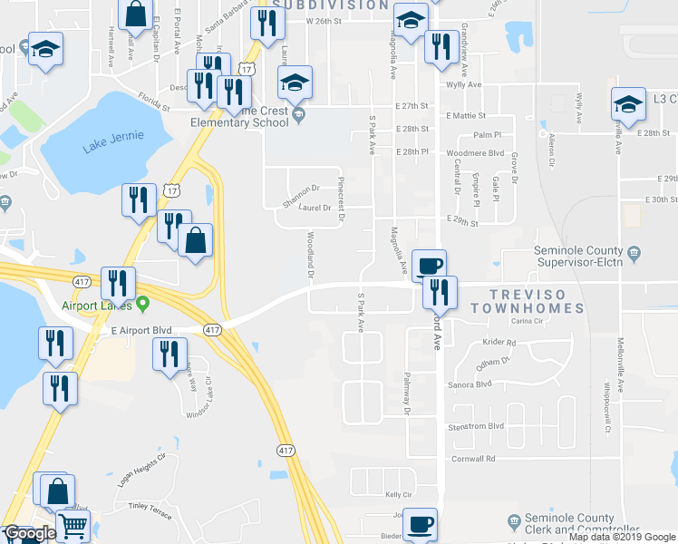 map of restaurants, bars, coffee shops, grocery stores, and more near 700 East Airport Boulevard in Sanford