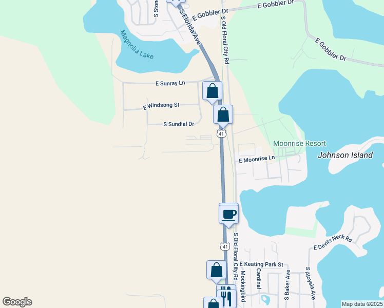 map of restaurants, bars, coffee shops, grocery stores, and more near 8344 East Rosko Court in Floral City